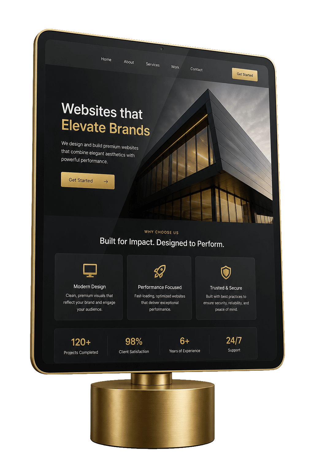 Corporate website and digital experience on a gold-framed display