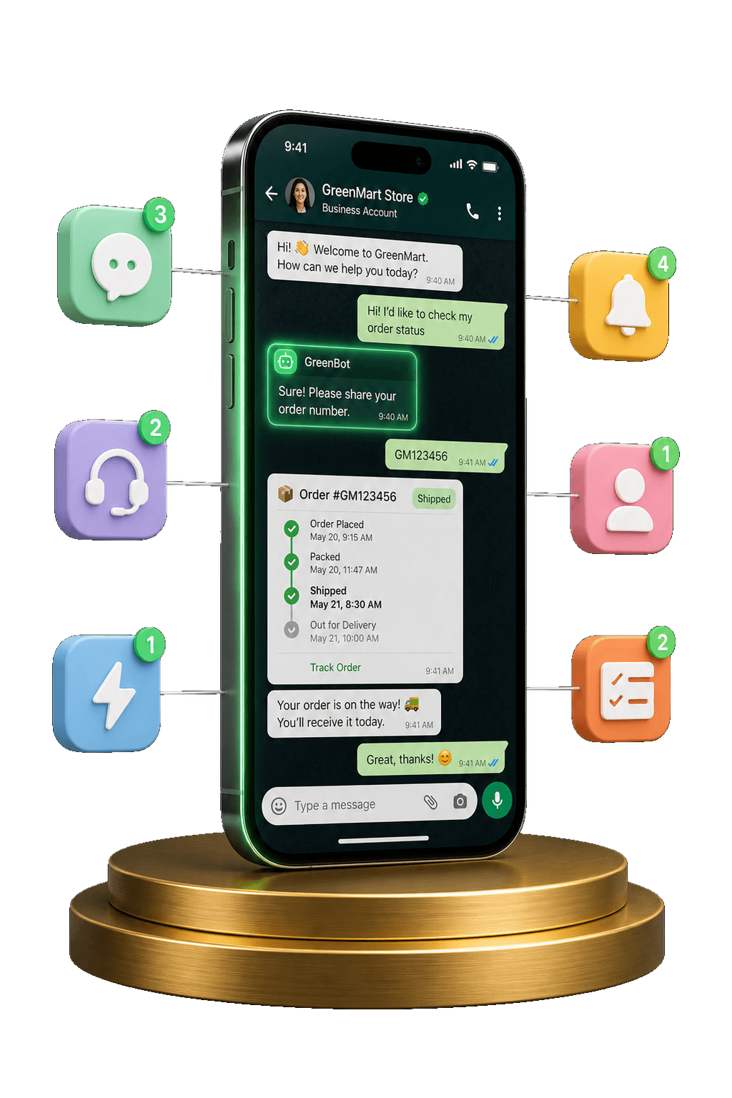 WhatsApp business inbox with auto-replies, leads, and CRM sync on a gold pedestal